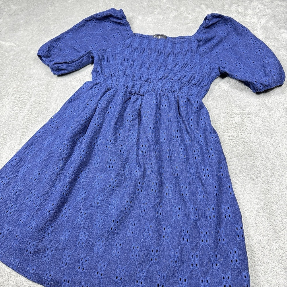 BY&BY Girls Blue Smocked Dress Size S 7 8 Eyelet Puff Sleeve Babydoll - Picture 8 of 8